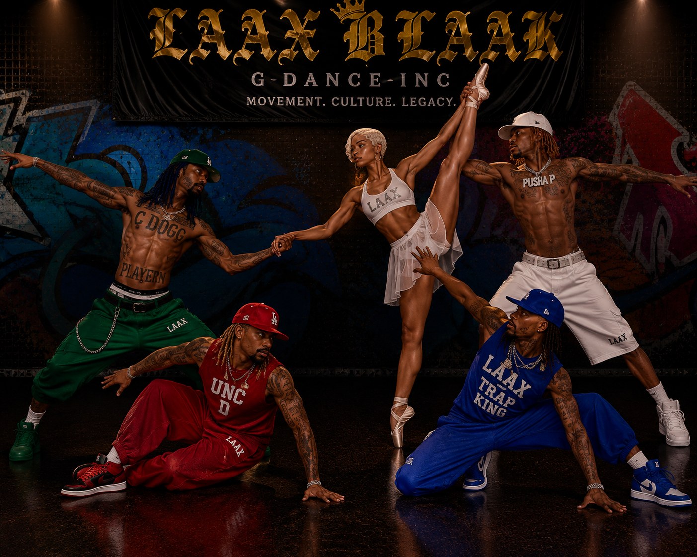 LAX BLaaK company in a colorful collaborative dance pose