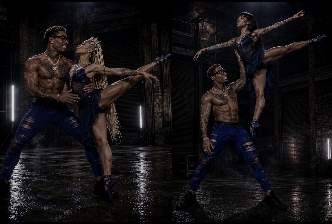 Two dancers moving through a rain-dark setting