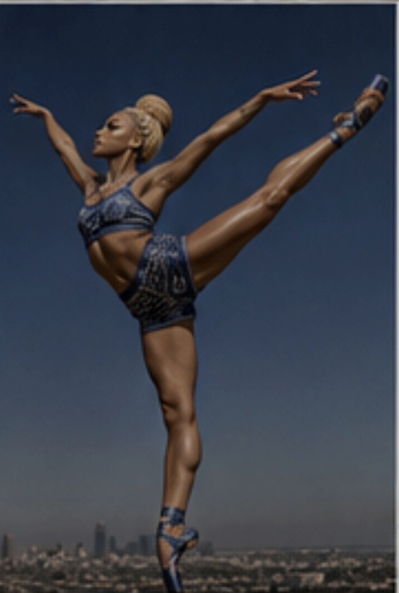Solo dancer reaching through a high extension