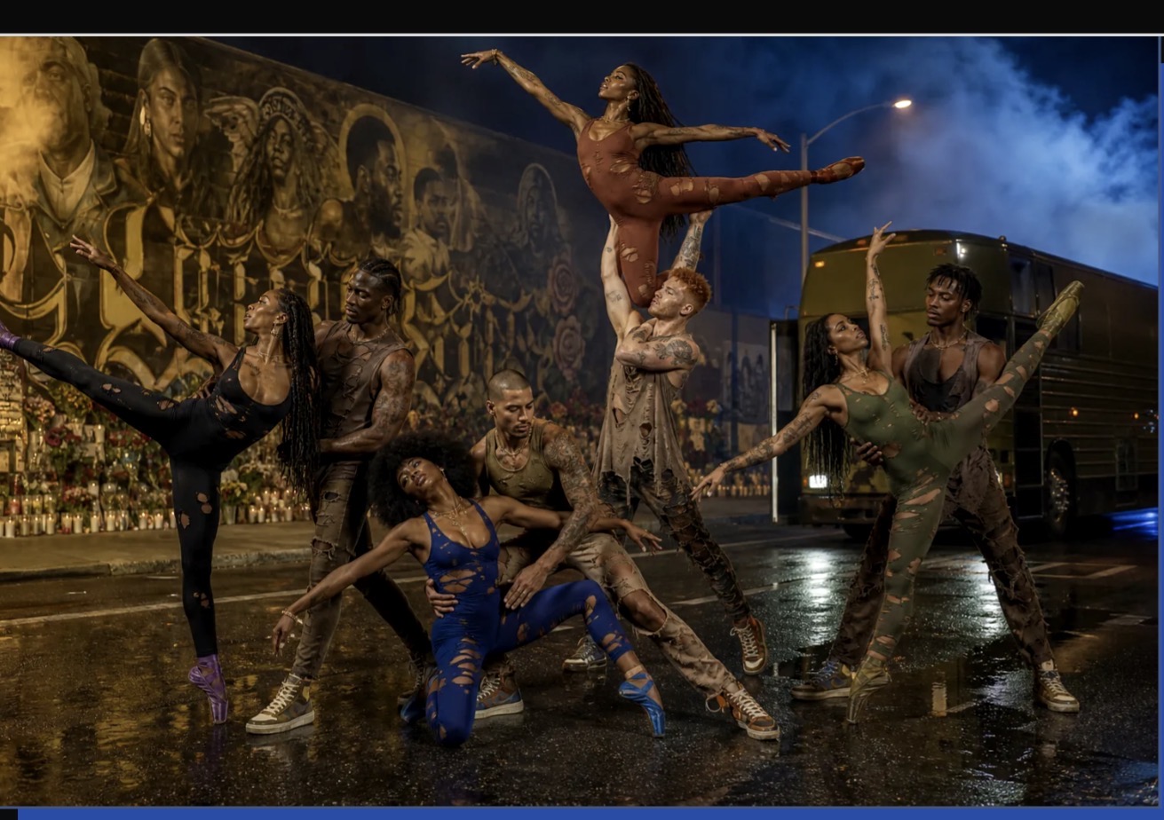 LAX BLaaK dancers performing together on a rain-slick Dallas street