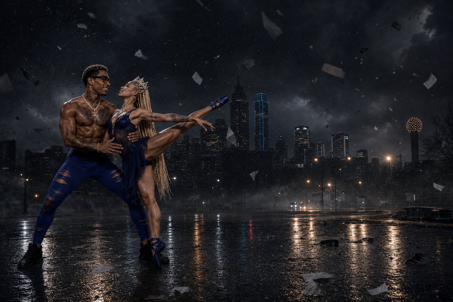 Dancers moving through a rain-dark Dallas storm scene