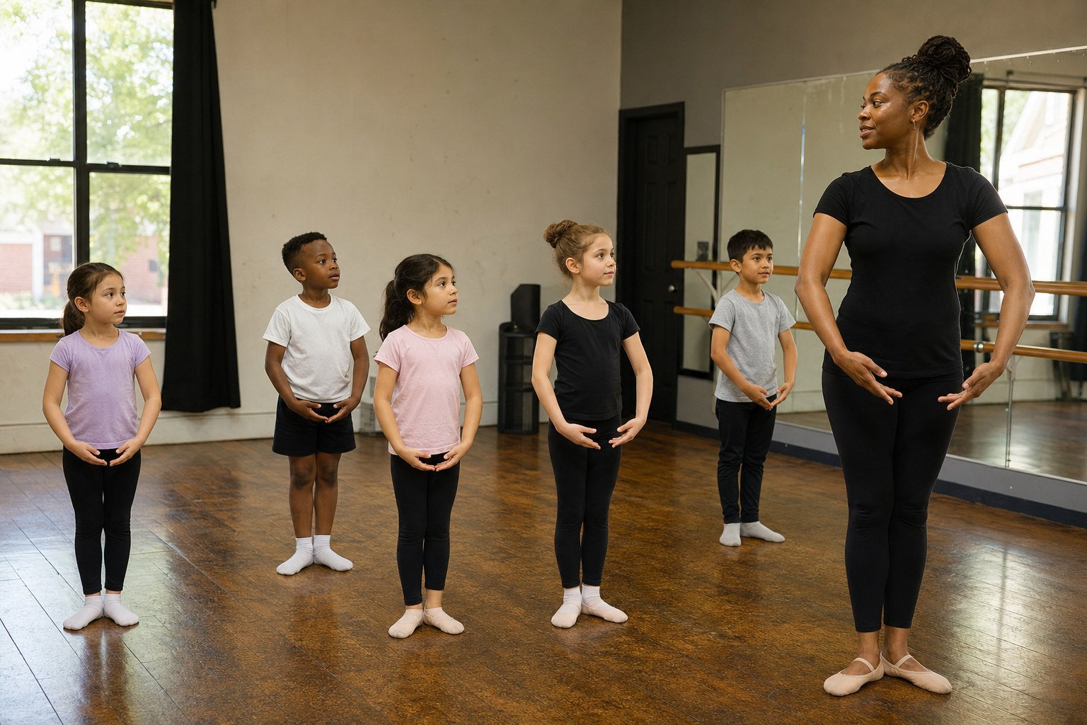 Young dancers learning first position with a teaching artist