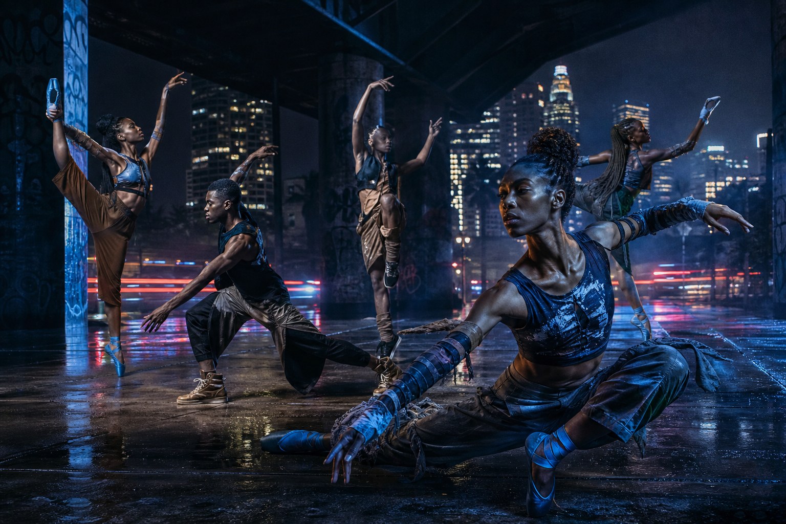 Ballet dancers in futuristic streetwear moving beneath Downtown Los Angeles at night