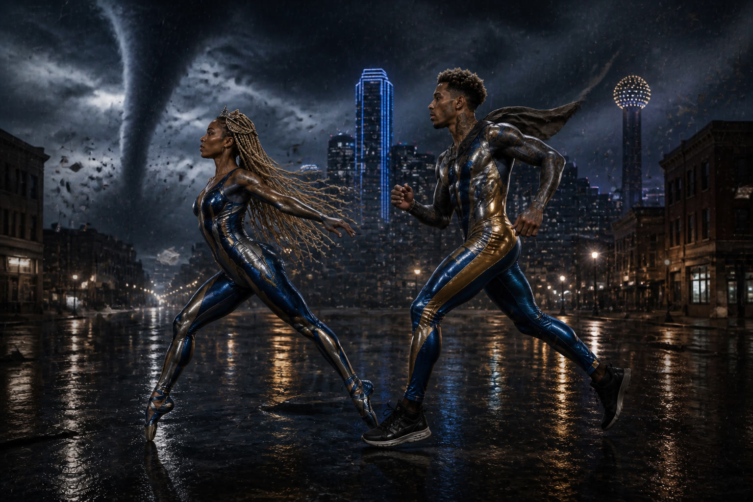 Two LAX BLaaK dancers in metallic blue, silver, and gold dancewear moving through a Dallas tornado at night