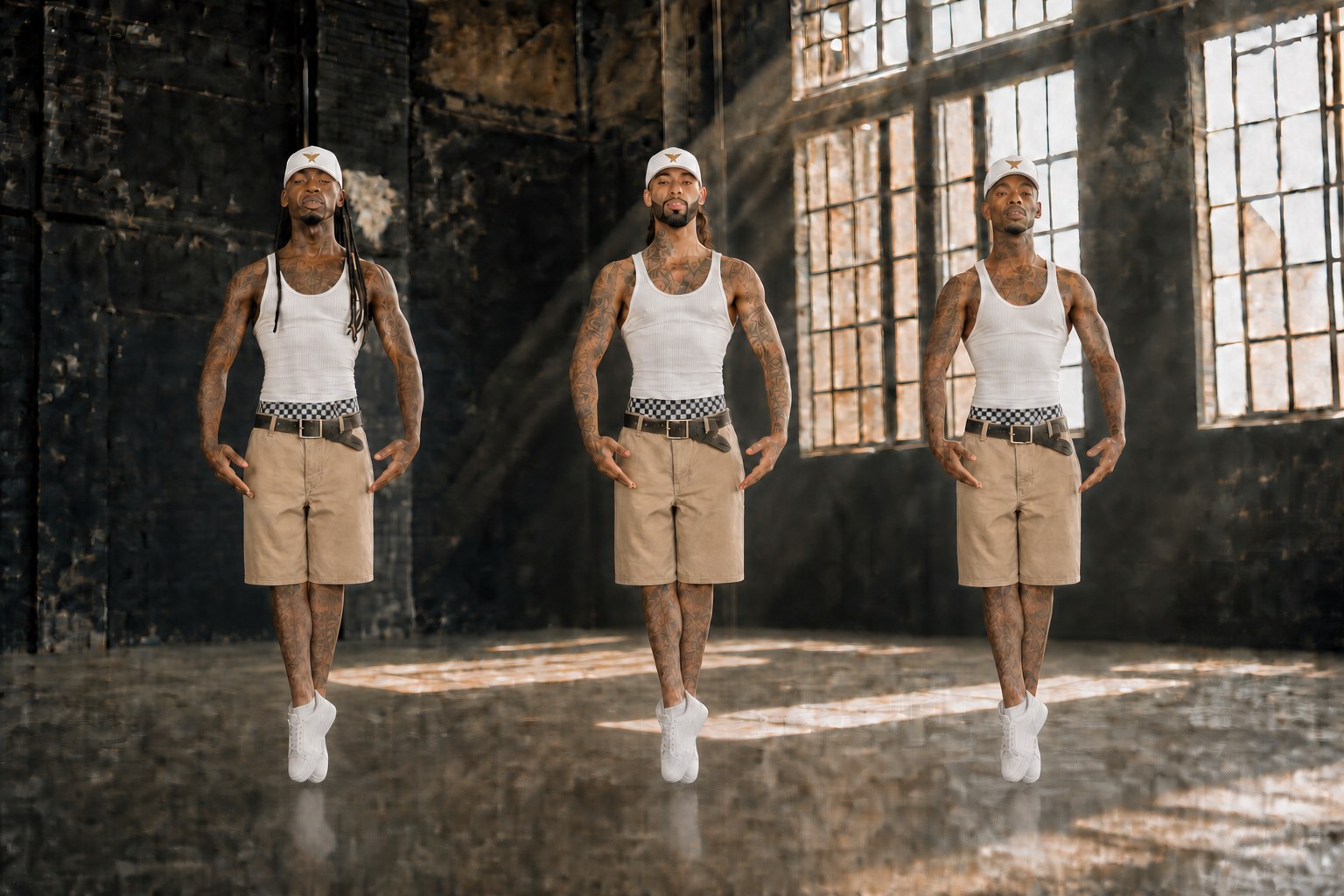 Three tattooed male ballet dancers in white tanks, white caps with inverted tan stars, tan work shorts, and white low-top sneakers holding sous-sus in a sunlit warehouse studio