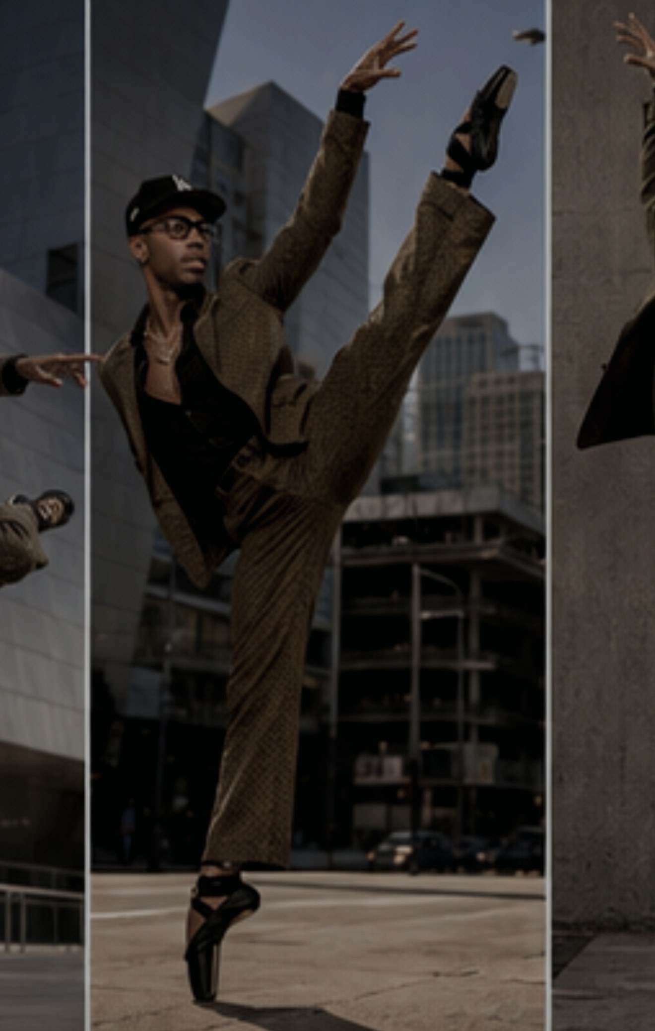 Dancer kicking high beside urban architecture