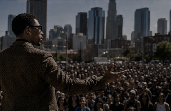 Creative director speaking to a large outdoor crowd