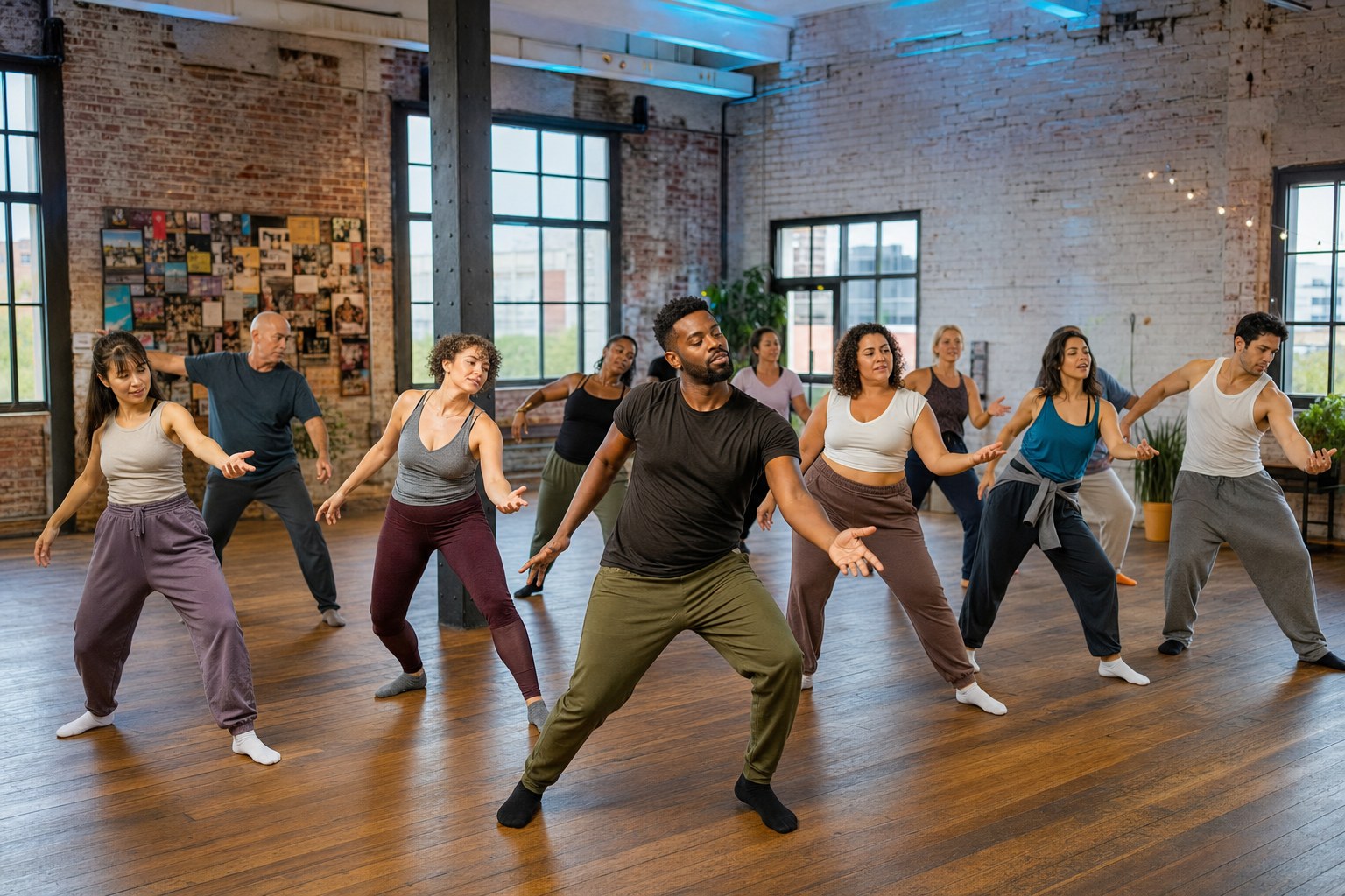 Adults of varied ages and dance experience moving together in an open contemporary class