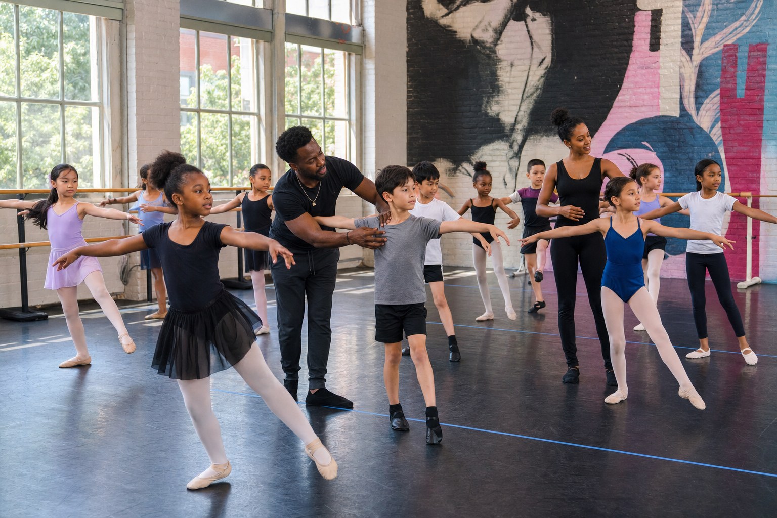 Children building ballet and contemporary technique with teaching artists in a Dallas community studio
