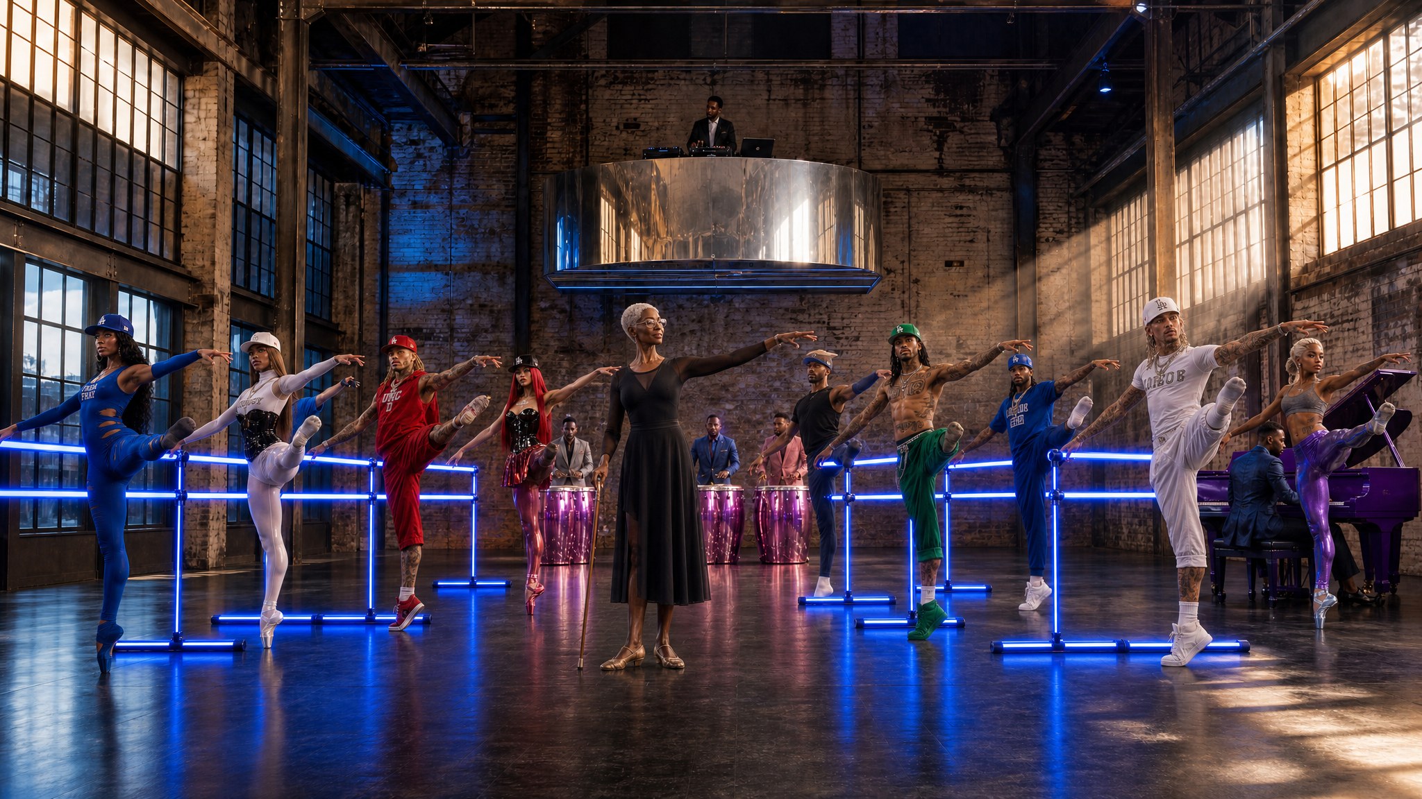 A full LAX BLaaK ballet class at electric-blue barres in a sunlit warehouse with an elder teacher, DJ, drummers, and pianist