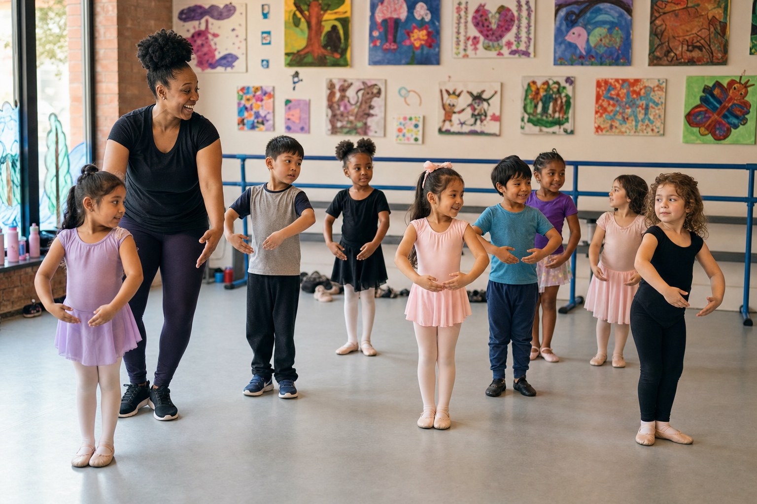 Young children learning ballet foundations with a teaching artist in a bright community studio
