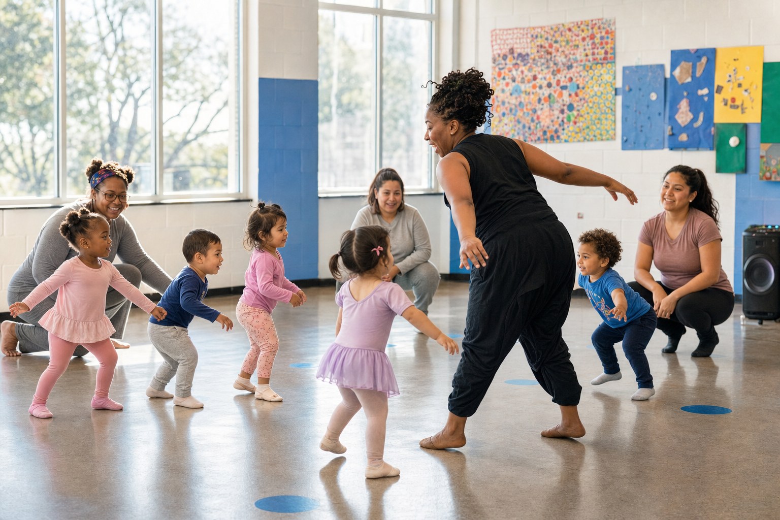 Toddlers and caregivers moving with a teaching artist in a bright neighborhood workshop