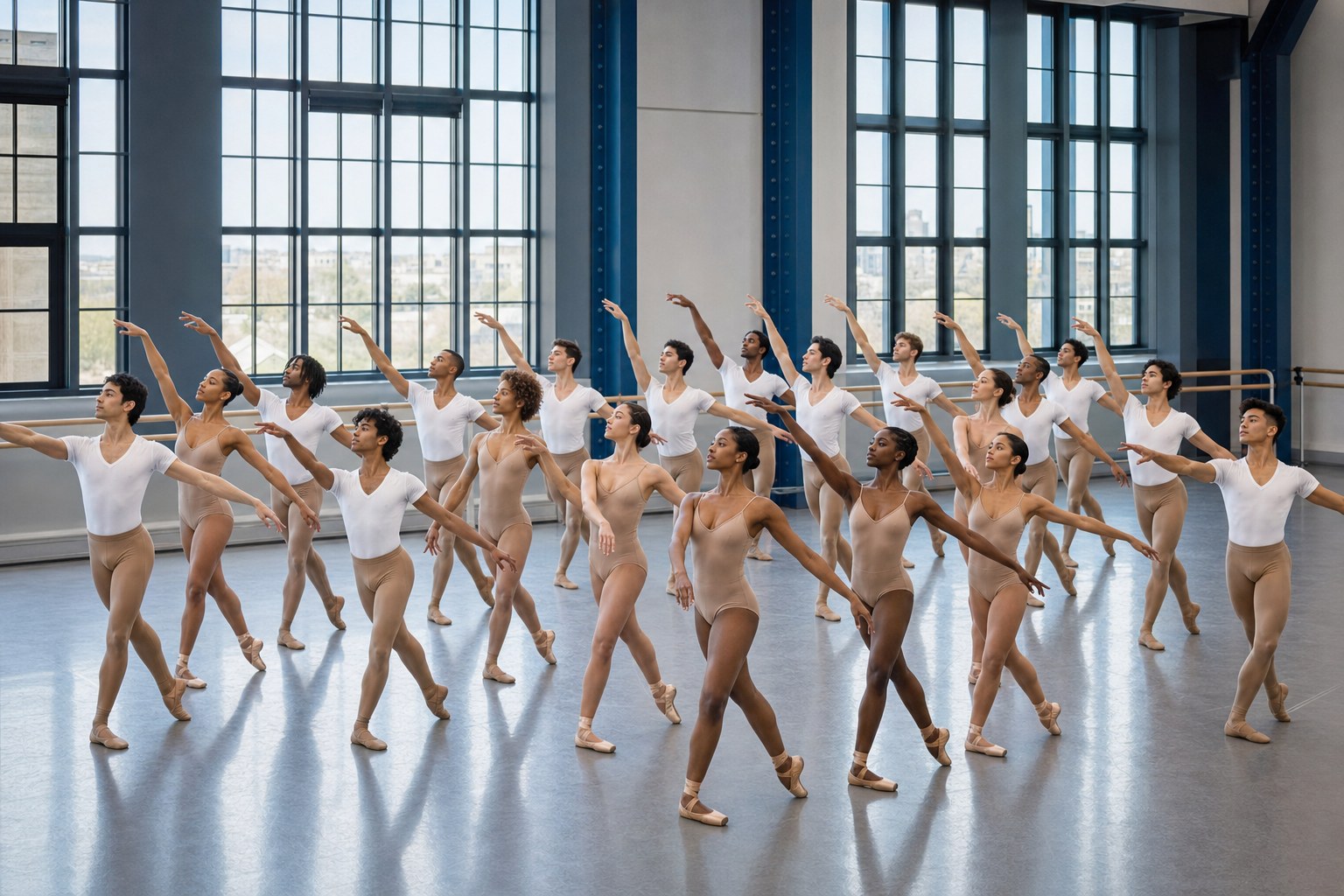 A diverse LAX trainee company in a polished professional-level classical ballet rehearsal