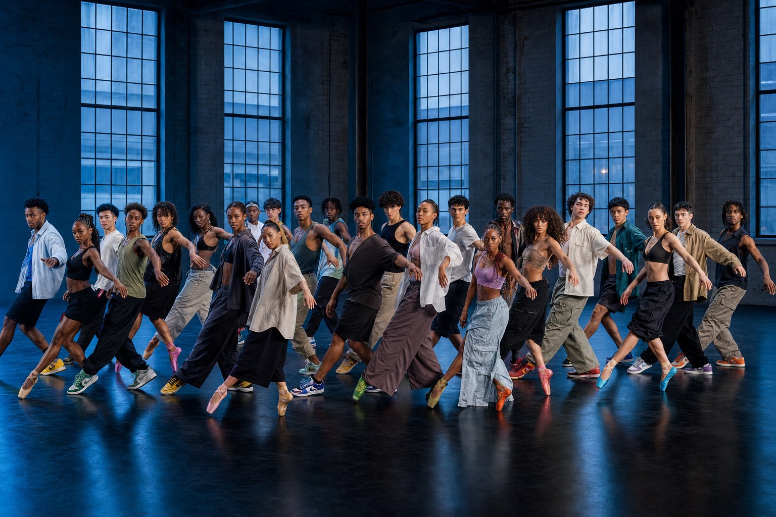 A diverse LAX trainee company in a professional street ballet rehearsal
