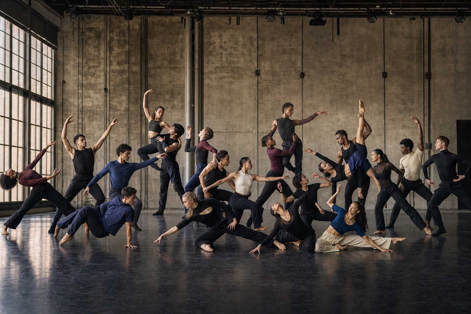 A diverse LAX trainee company rehearsing a powerful contemporary repertory work