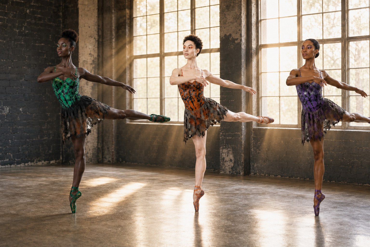 Three Black ballerinas in green, orange, and violet distressed costumes holding low third arabesque in a sunlit warehouse studio