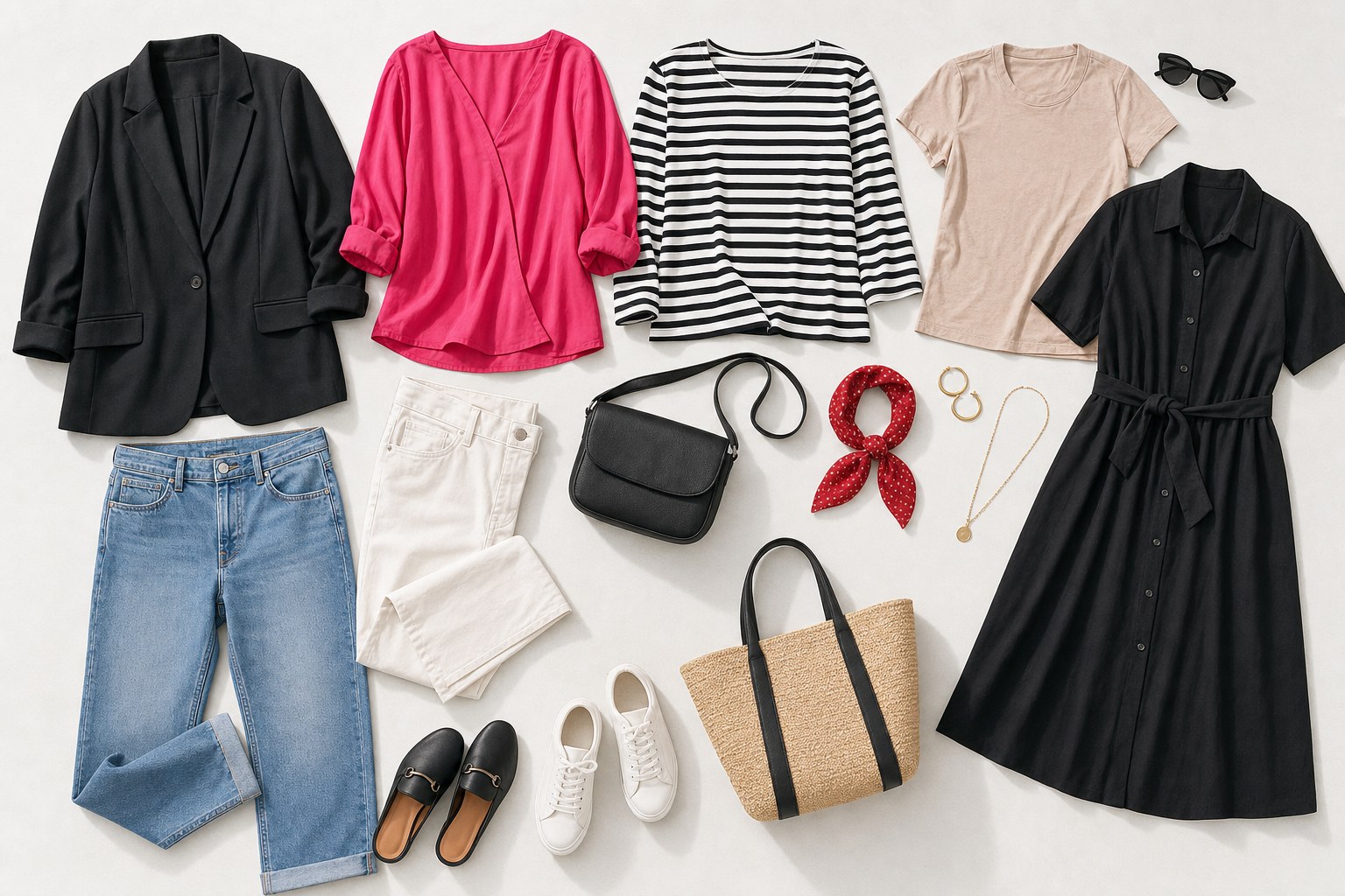 A plus-size capsule wardrobe with denim, tops, a dress, and everyday accessories