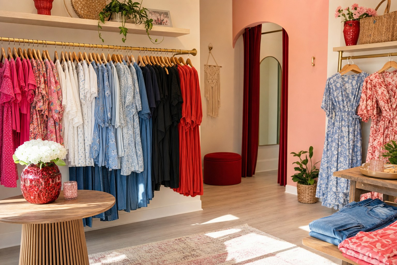 Colorful clothing rack inside a bright boutique