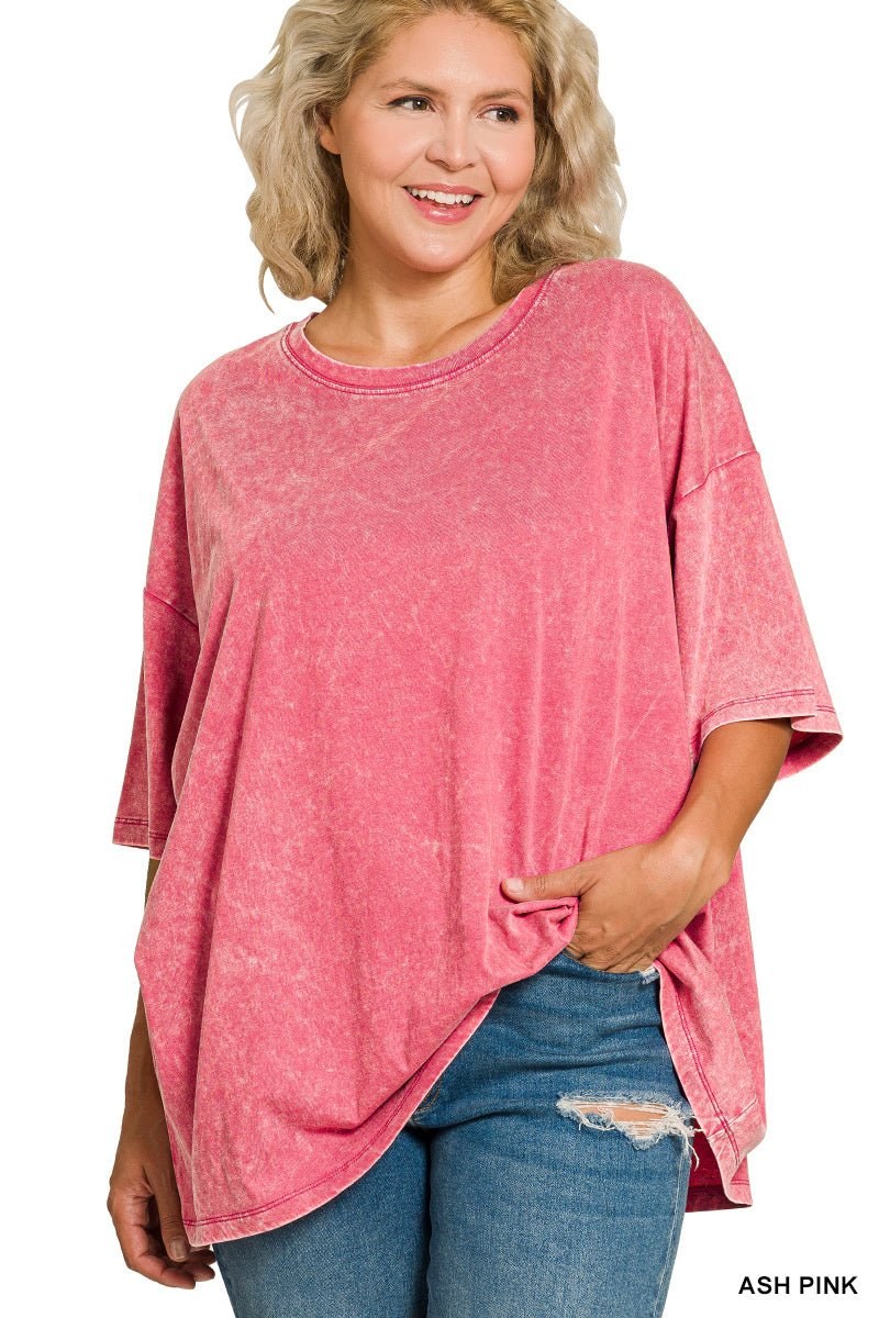 Plus-size acid wash boyfriend tee for an easy fall outfit