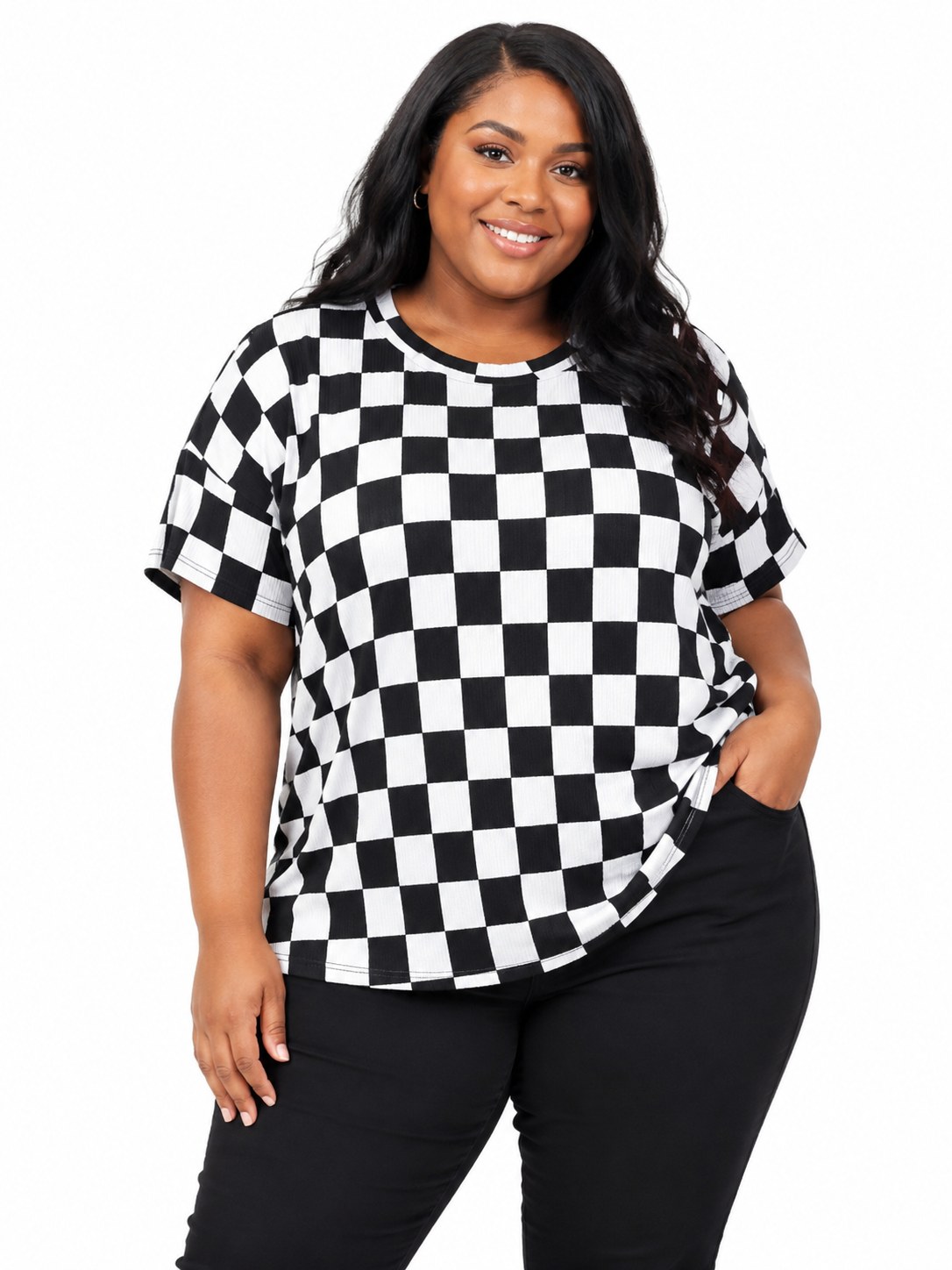 Plus-size ribbed checkered print top