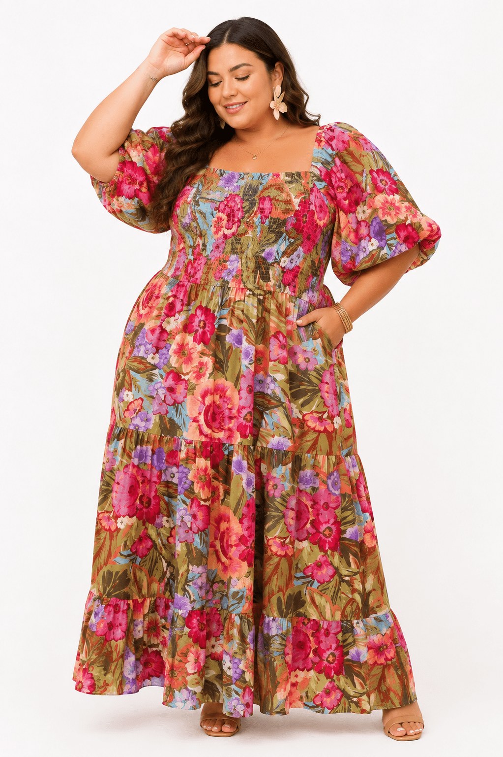 Plus-size floral maxi dress for a warm-weather vacation outfit