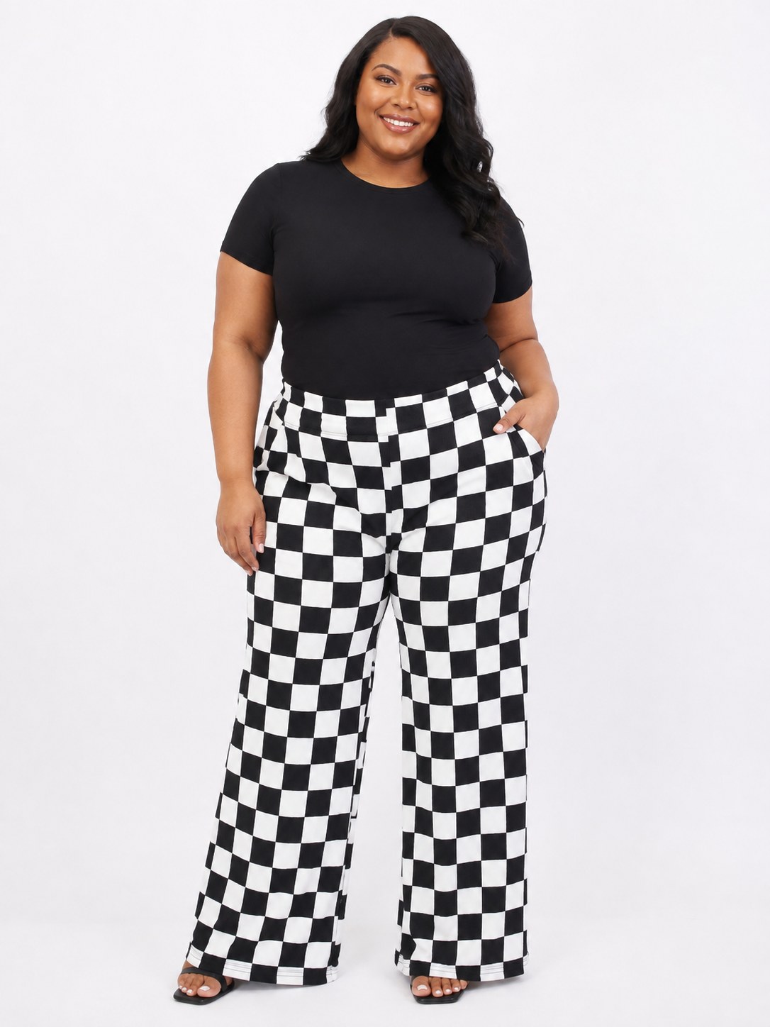 Plus-size ribbed checkered pants that add texture to a fall outfit
