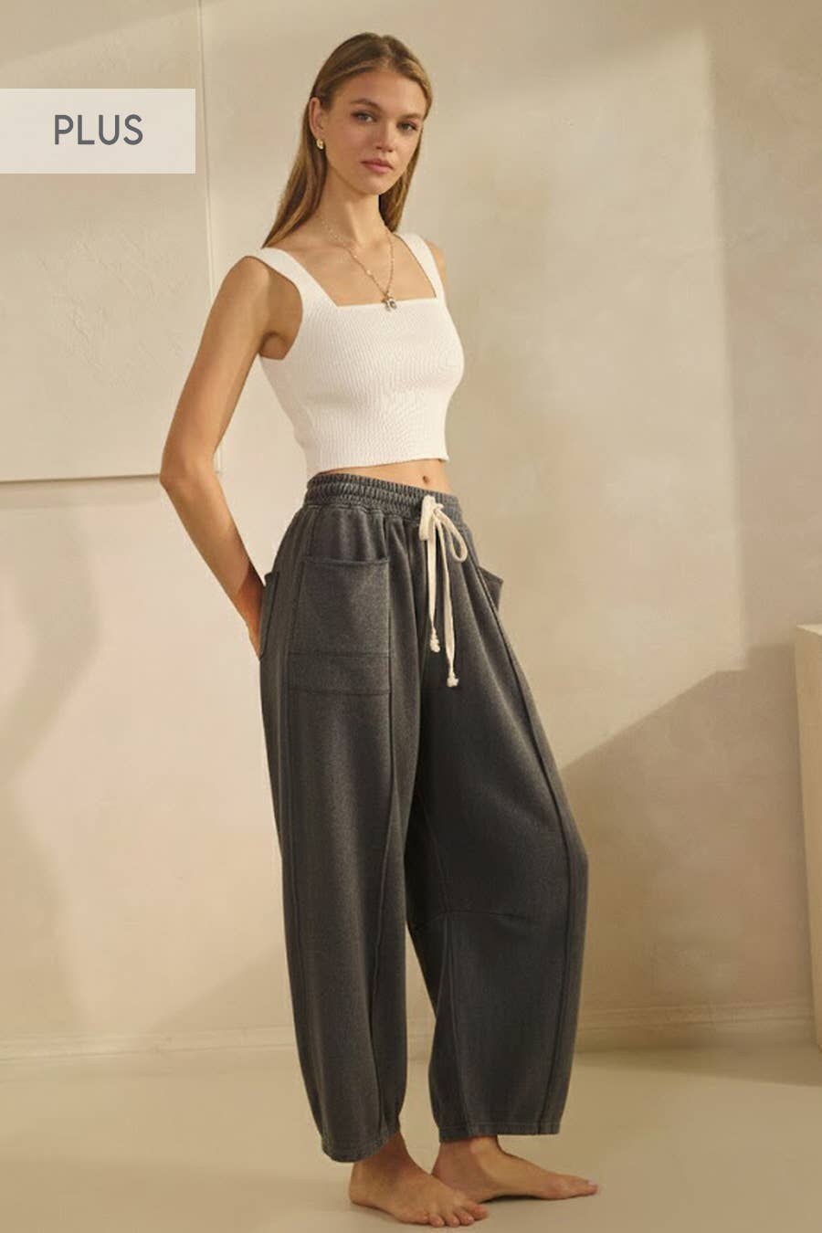 Plus-size washed French terry pants for a comfortable casual outfit