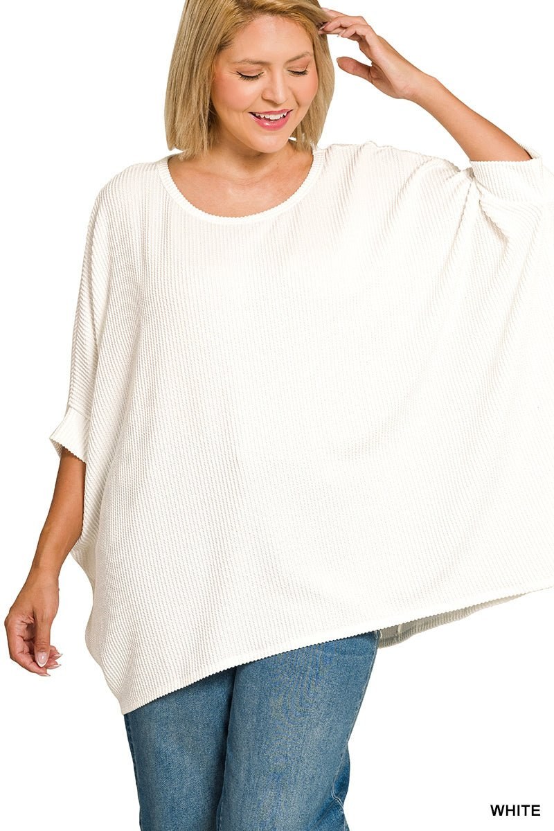 Plus-size raised rib bat-sleeve top for an everyday casual outfit