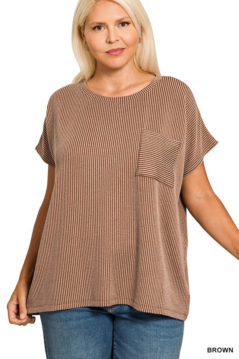 Plus-size raised rib pocket boxy top paired with denim