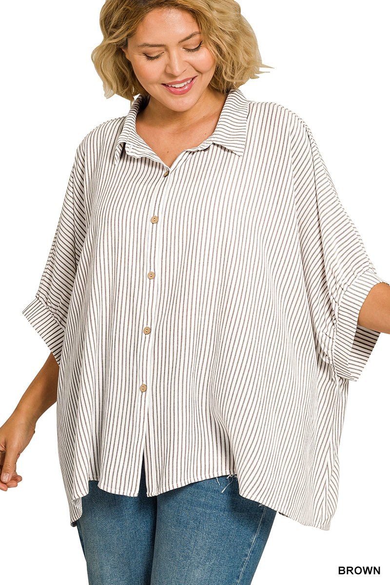 Plus-size striped button-down top for an easy travel layer