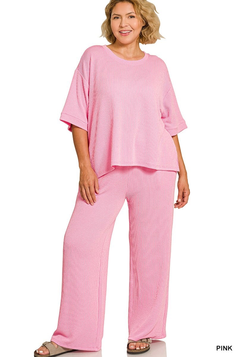 Plus-size raised rib pant set for a comfortable fall outfit