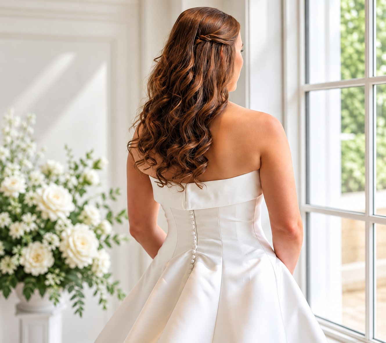 Bride in a romantic half-up hairstyle beside a window