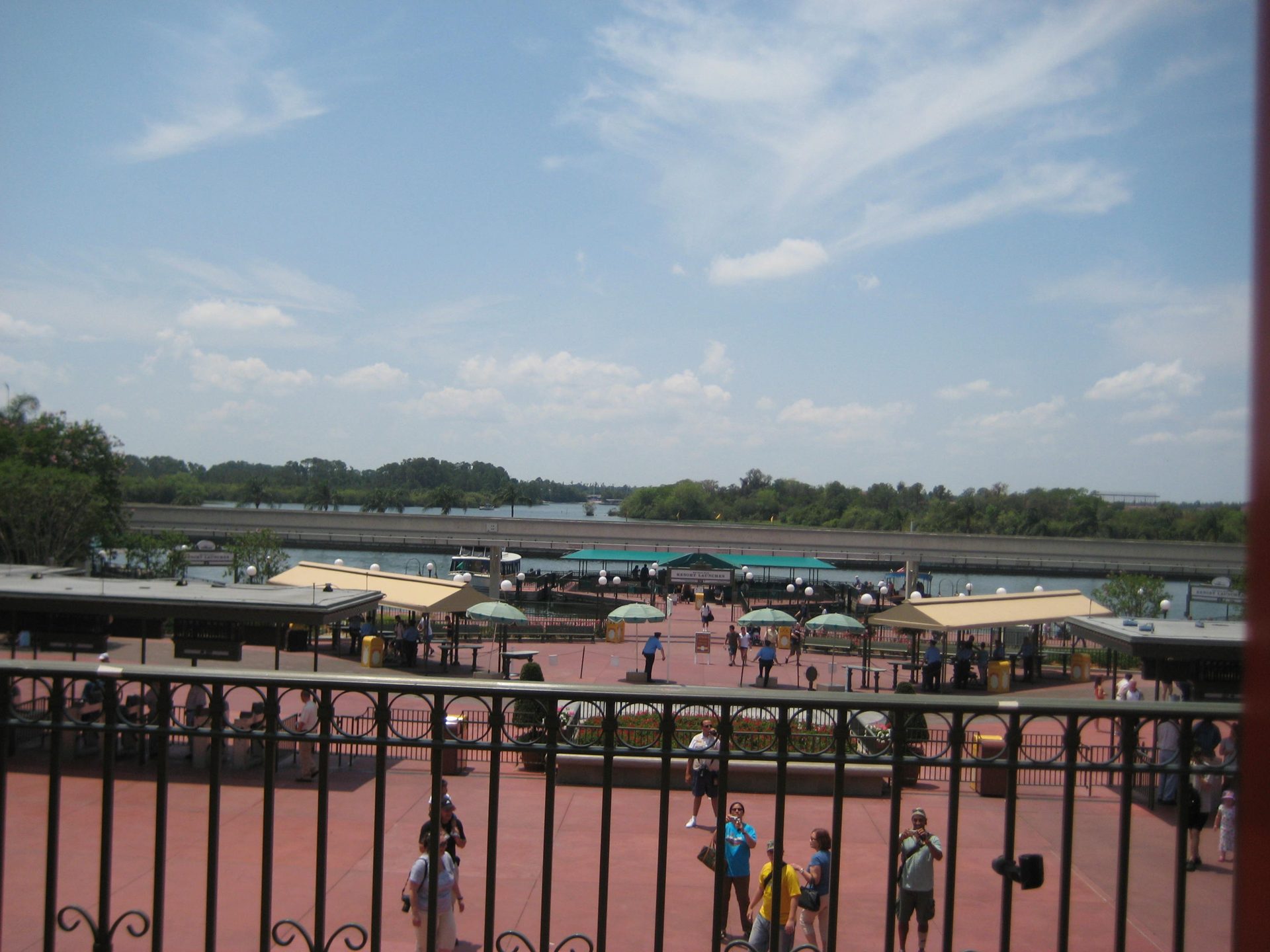 Seven Seas Lagoon and its developed shoreline viewed from the Magic Kingdom monorail station