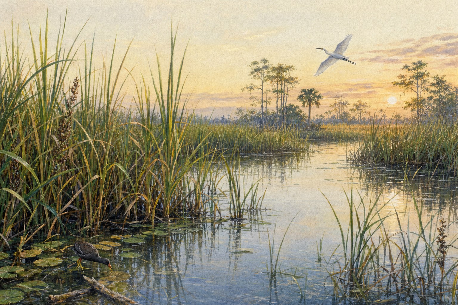 Illustrated Florida freshwater marsh with wading birds at early morning