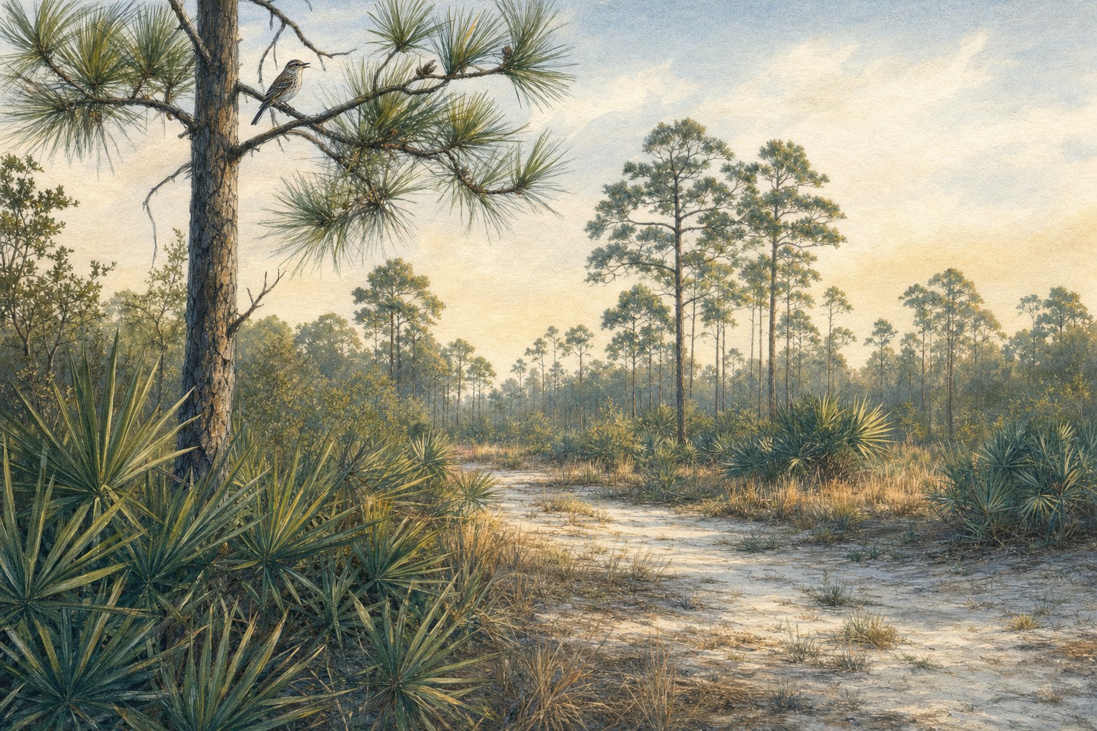 Illustrated Florida pine flatwoods with a small songbird perched in a longleaf pine