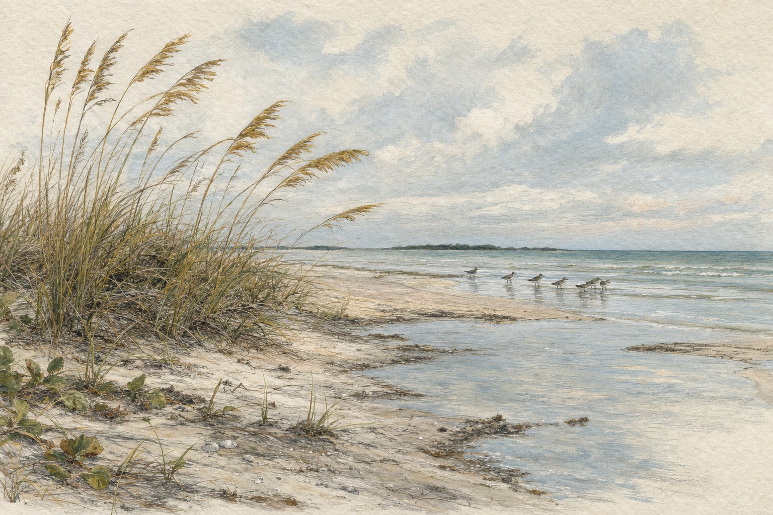 Illustrated tidal shoreline with sea oats and a small group of distant shorebirds