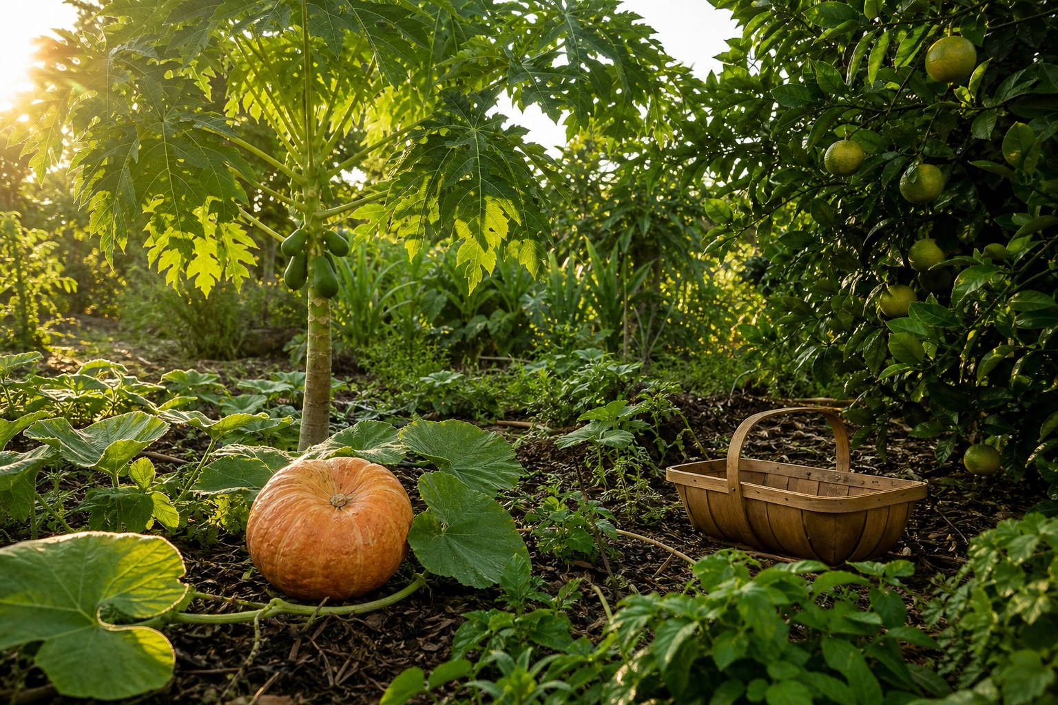 A Florida home garden with papaya, citrus, and a Seminole pumpkin