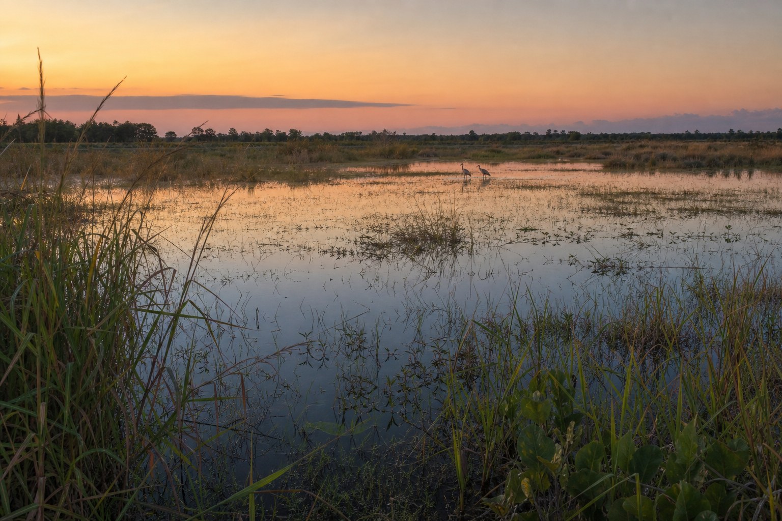 Florida wet prairie with shallow water and two distant sandhill cranes at dawn