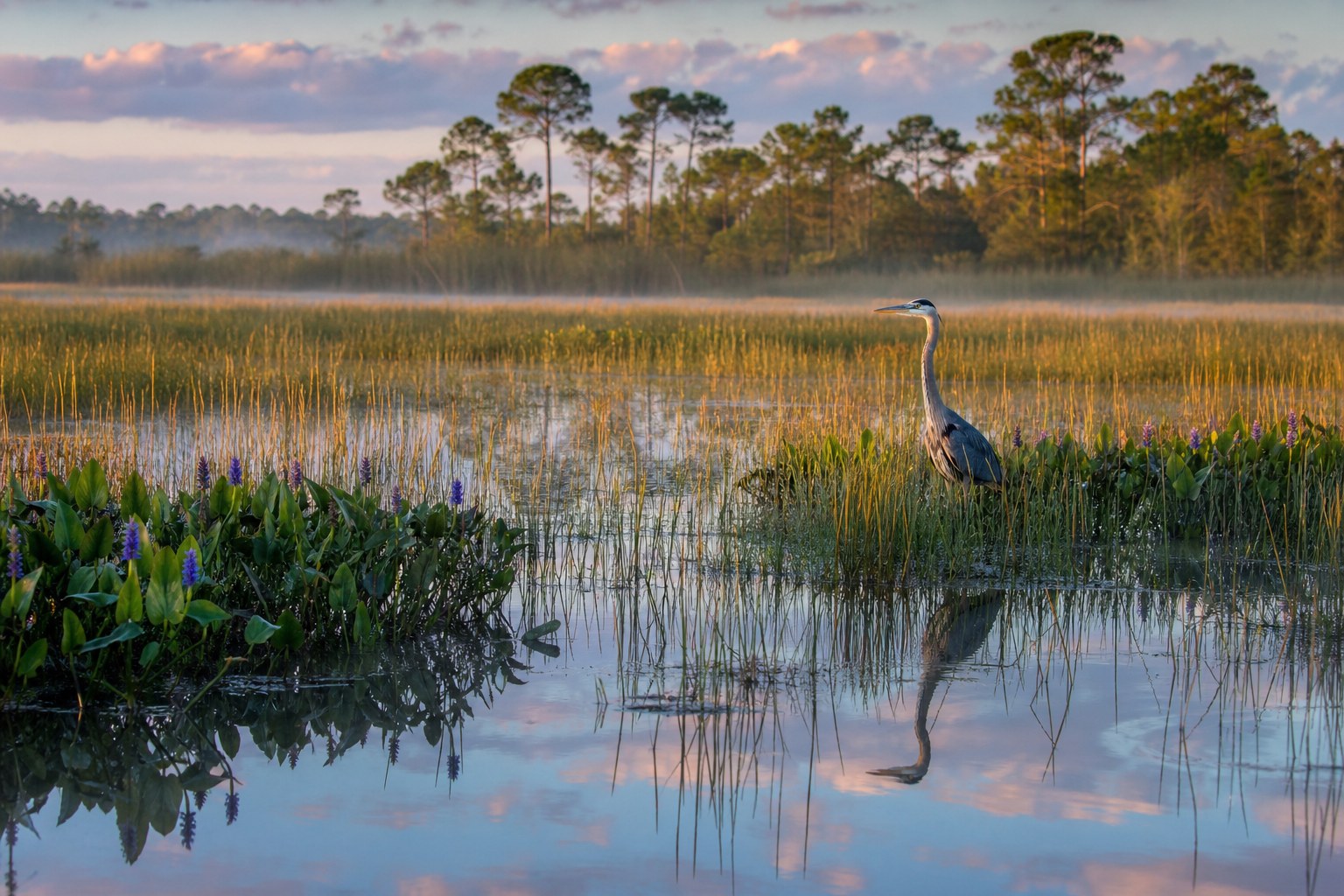 Great blue heron standing in a Florida freshwater marsh at first light