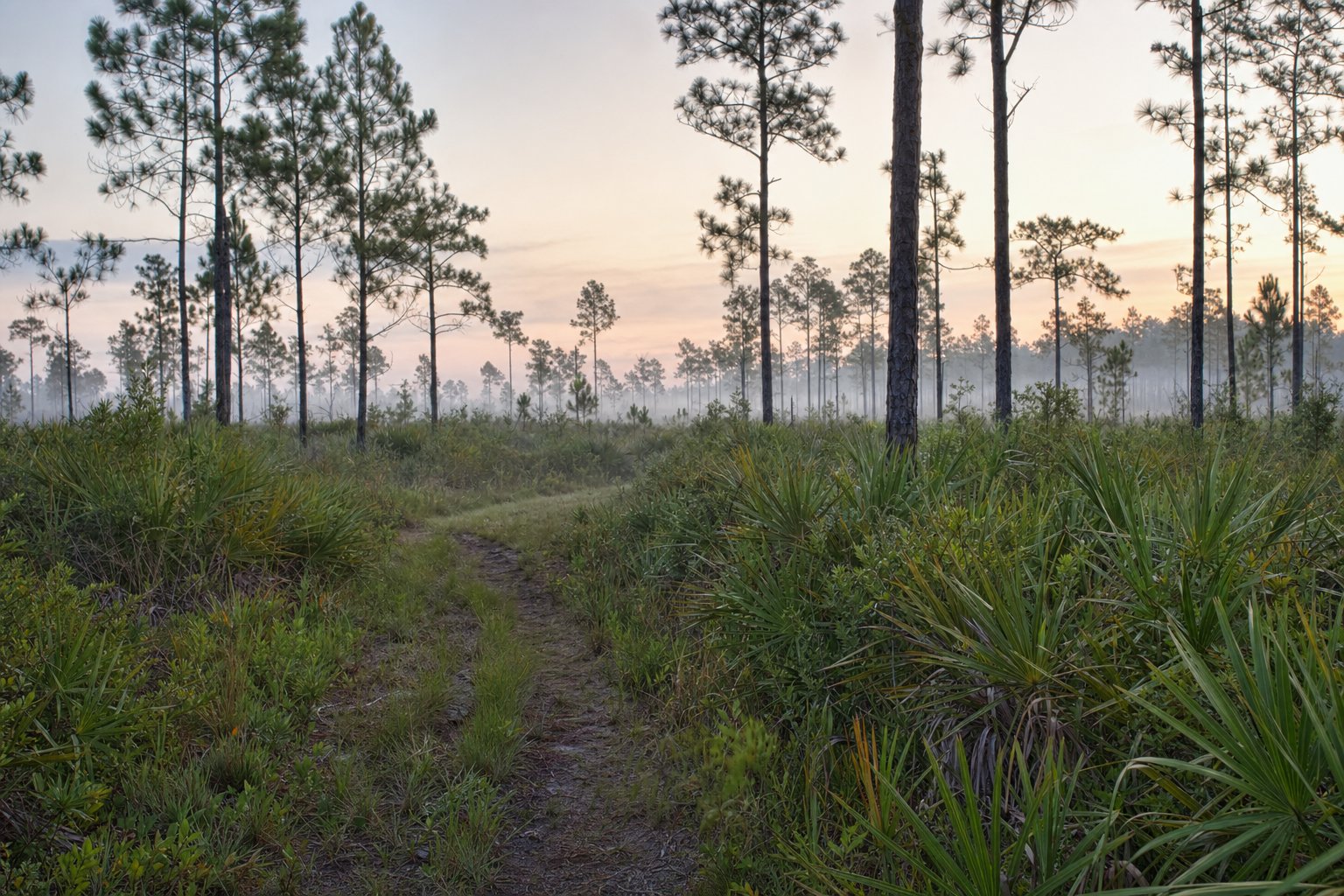A quiet Florida pine flatwoods trail at first light