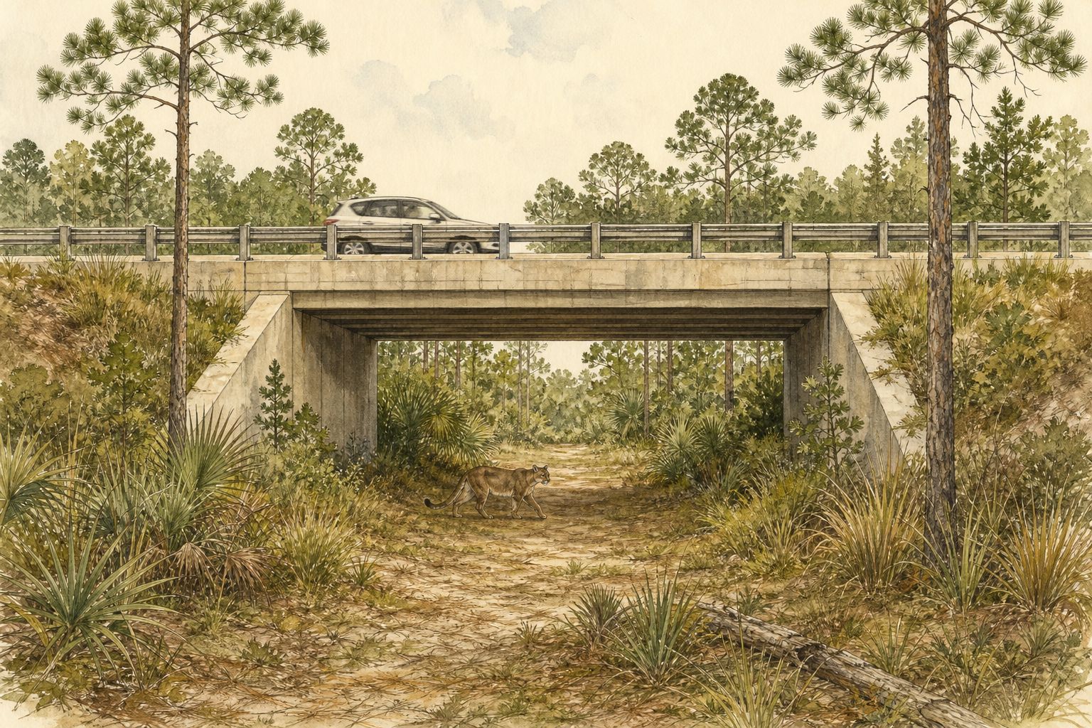 Conceptual watercolor illustration of a Florida panther using a wildlife underpass