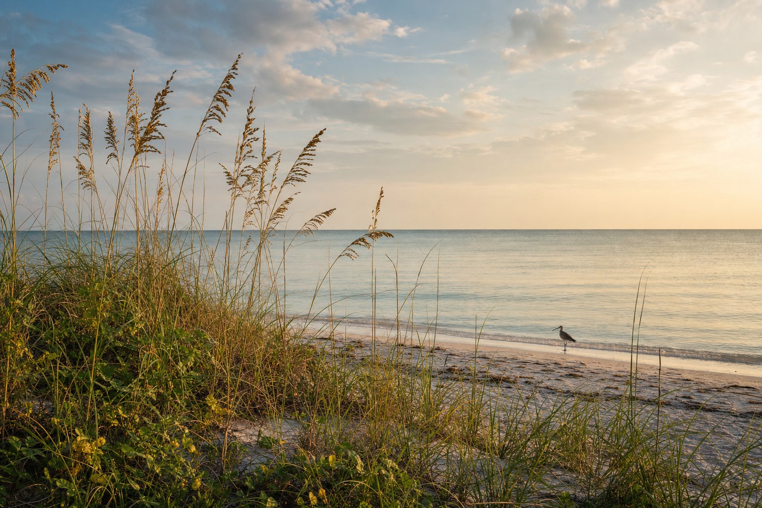 Florida coastal dune grasses beside a quiet Gulf shoreline