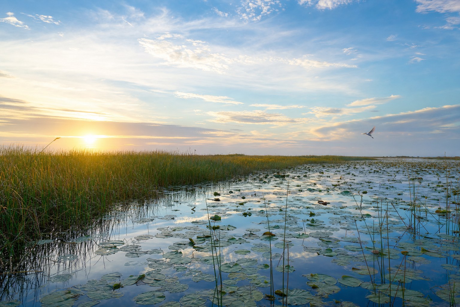 Everglades wetland with sawgrass, lilies, and a bird in flight