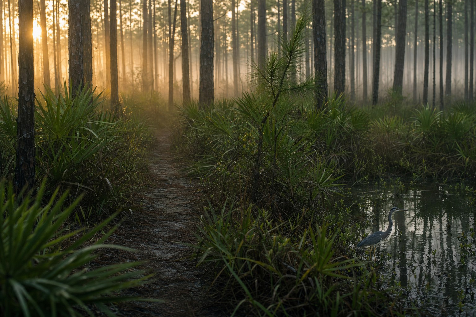 Florida pine flatwoods trail in early morning light