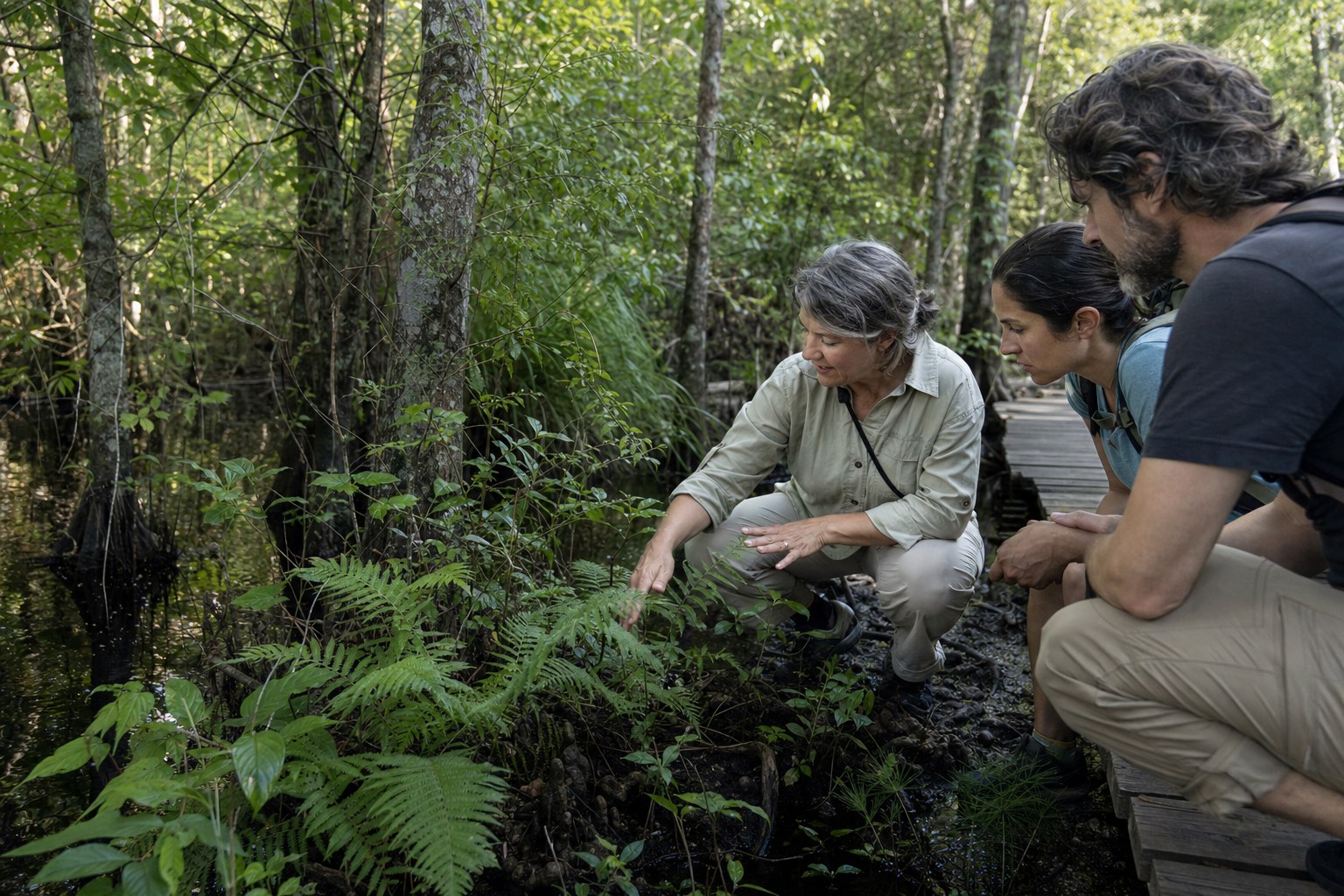 A naturalist showing hikers a native fern beside a Florida boardwalk