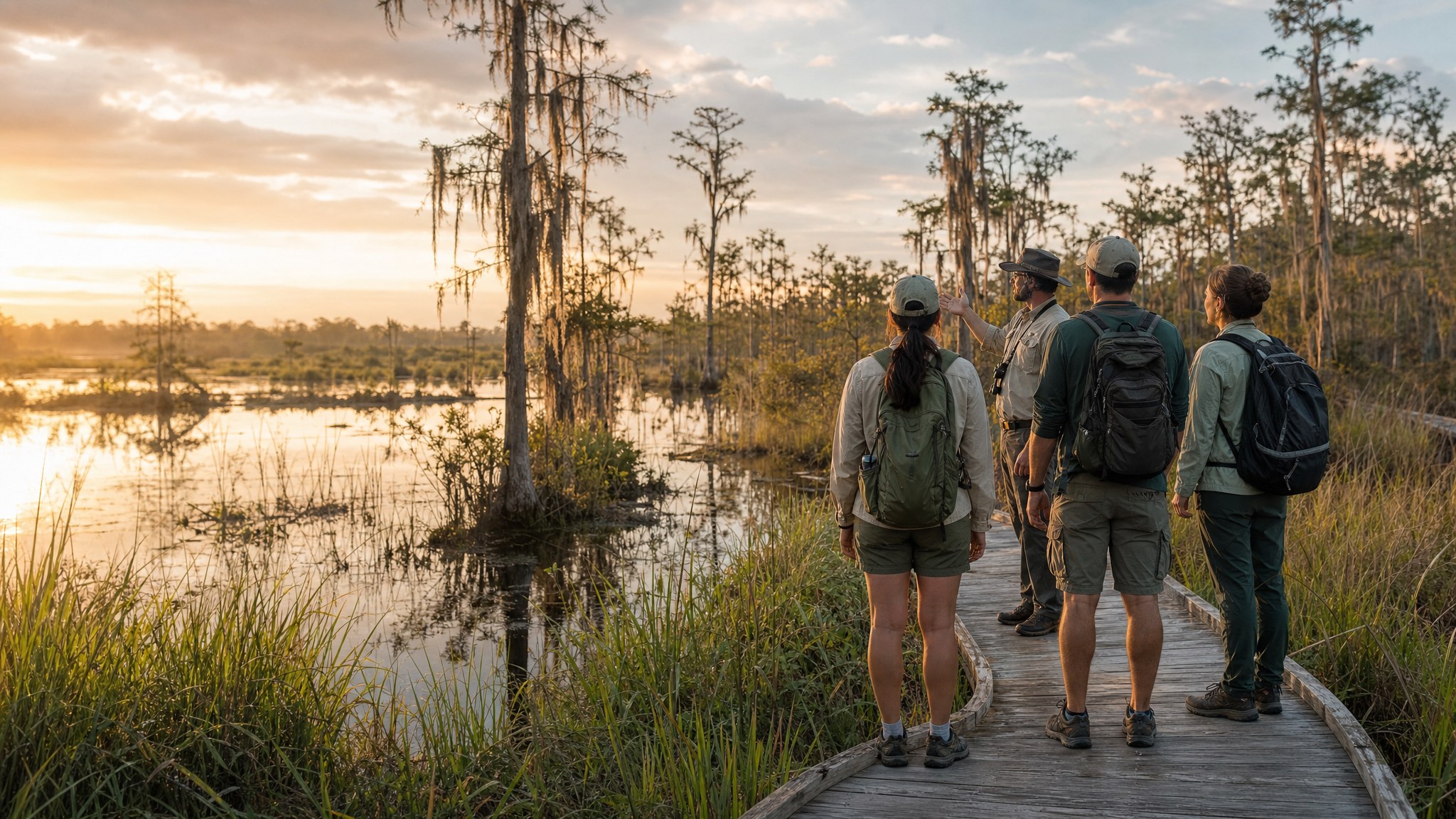 A naturalist guide and hikers on a Florida wetland boardwalk at sunrise