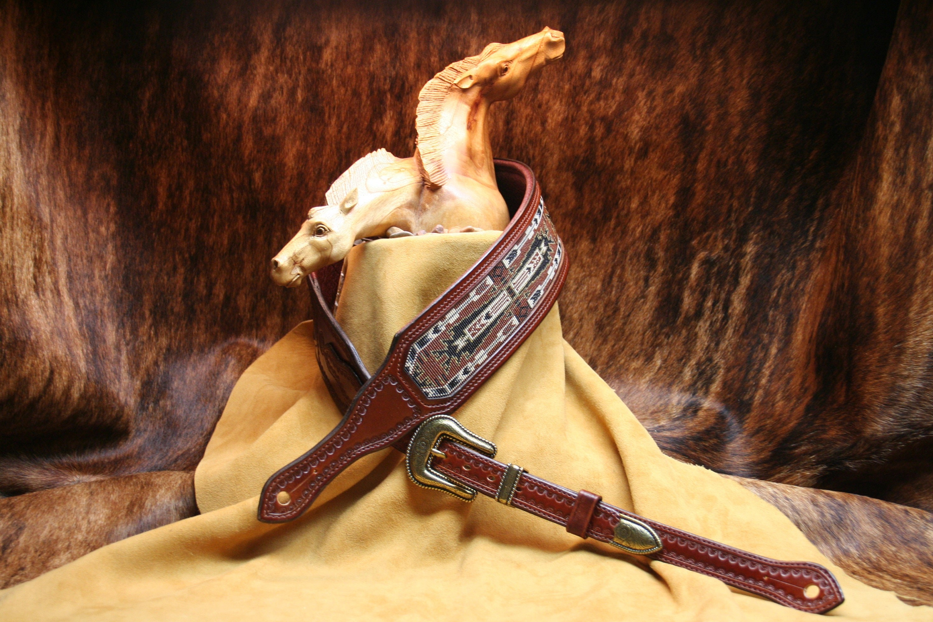 Handmade Beaded Leather Guitar Strap Titled Horse Thieves