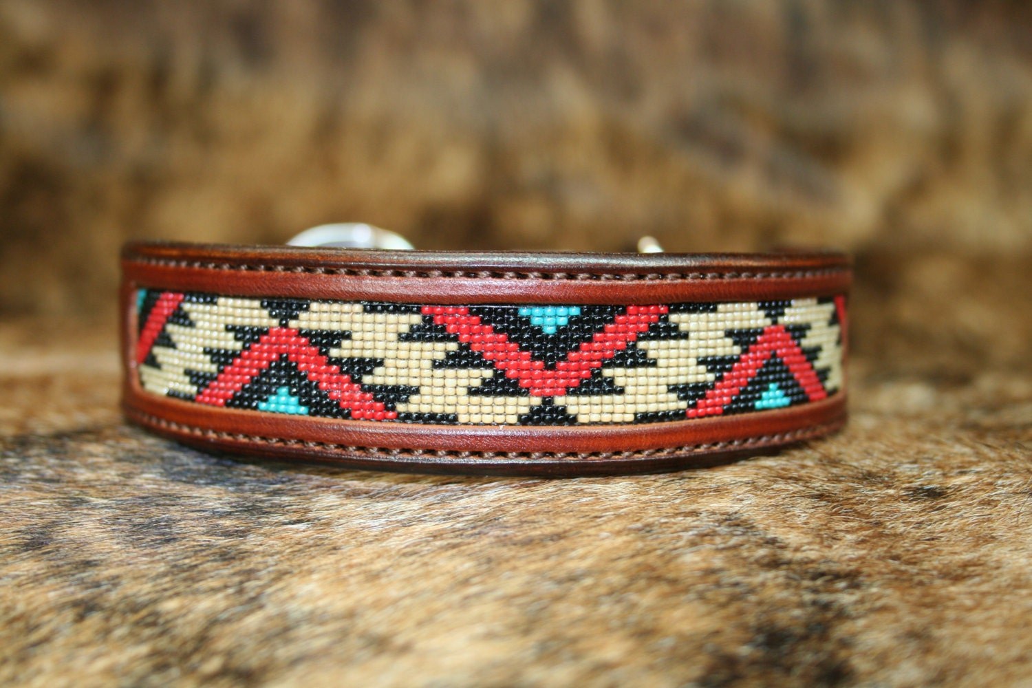 Custom Beaded Dog Collar - Mountain Design - Hermann Oak Leather - Hand-Woven Southwestern Pet Collar