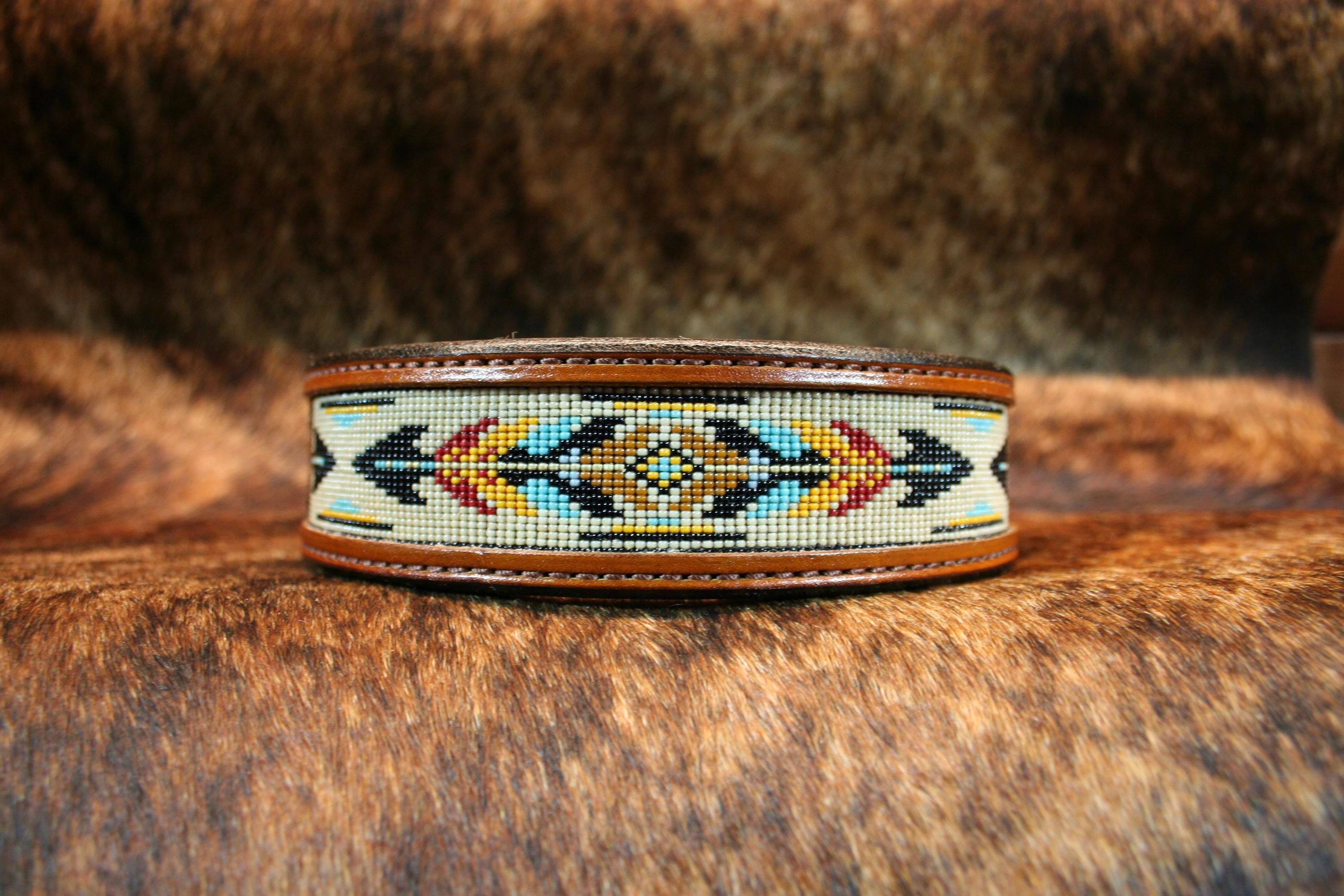 Custom Beaded Hermann Oak Leather Dog Collar-Tribal Southwestern Feather Design