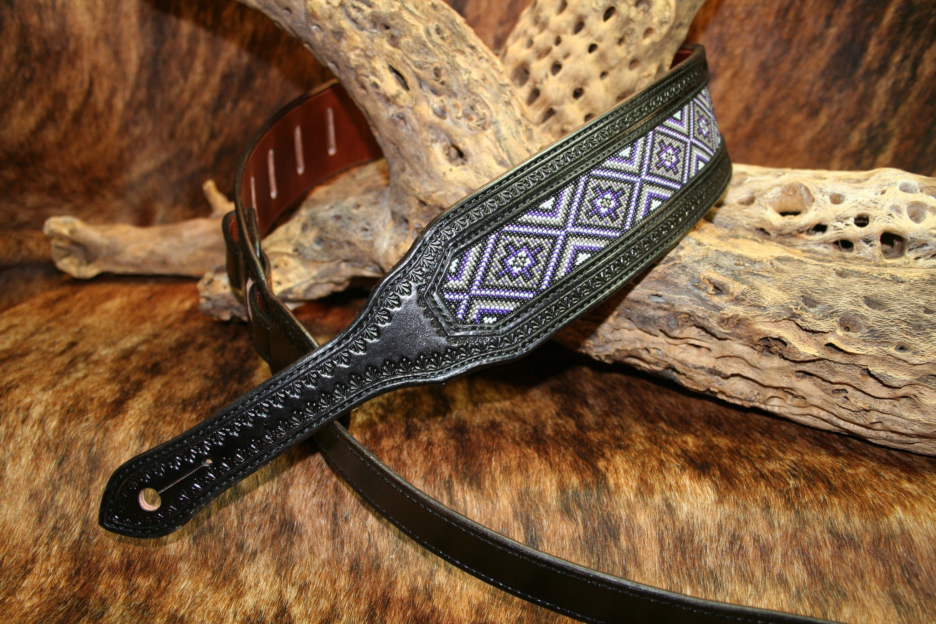 Diamond Beaded Black Leather Guitar Strap